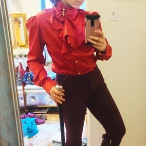 Elegant Red Satin Blouse with Bow